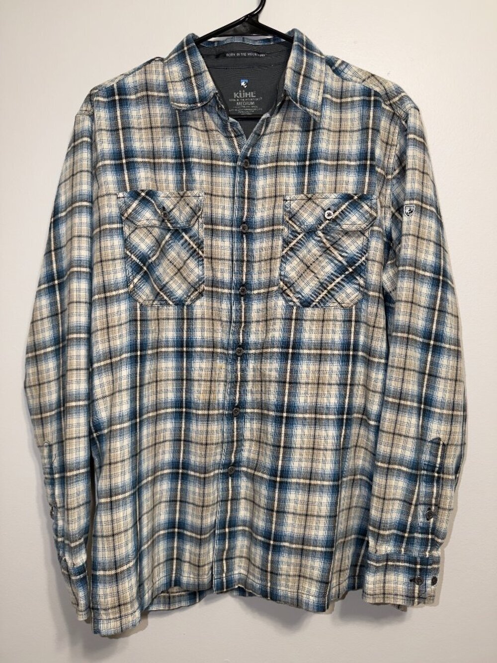 KUHL Men's Fugitive Flannel Shirt Medium Blue Tan Plaid Long Sleeve Button Up - Picture 2 of 6